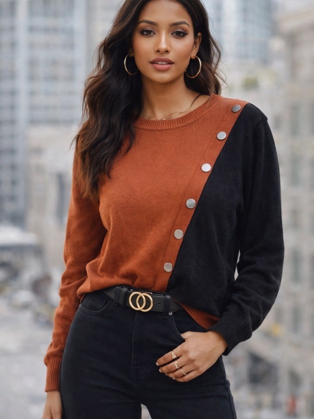 Joseph A. Sweater Women Small Top Sweatshirt Color Block Gold Buttons Split B11